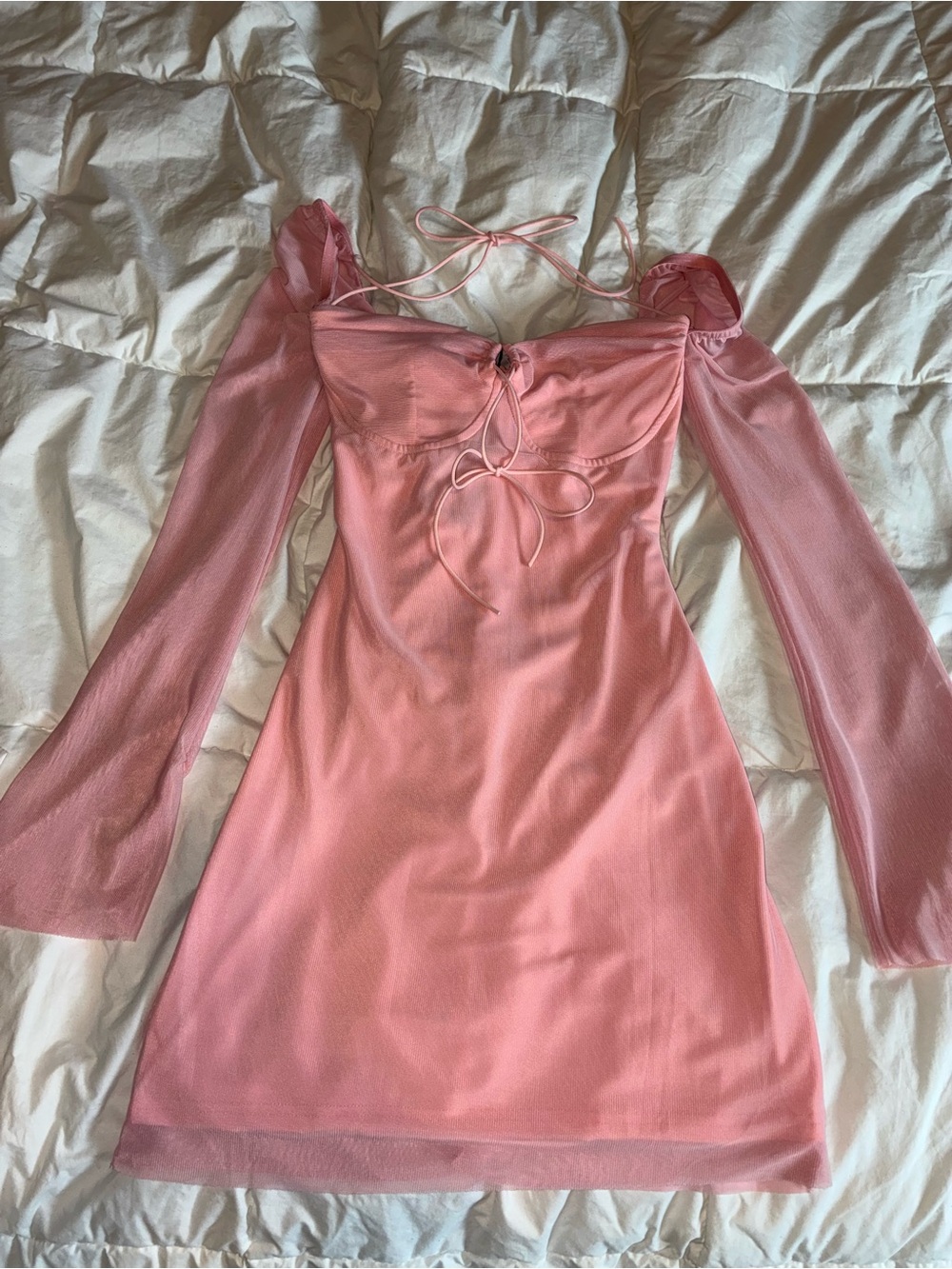 Pink Off-Shoulder Tie-Front Long Sleeve Mini Dress